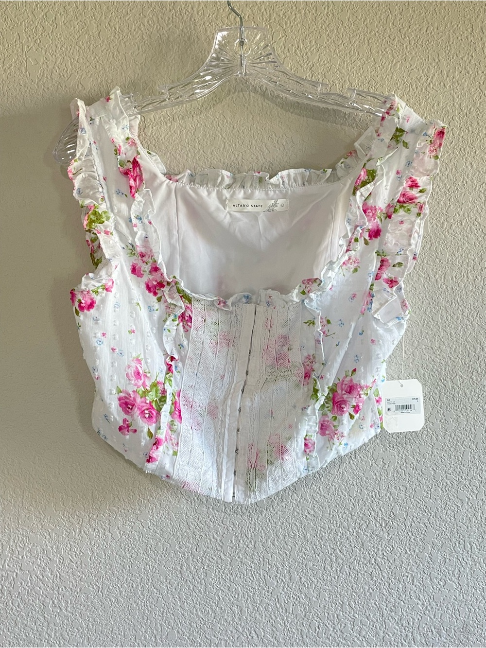 Altar'd State White Floral Ruffle Corset Crop Top with Pink Roses NWT